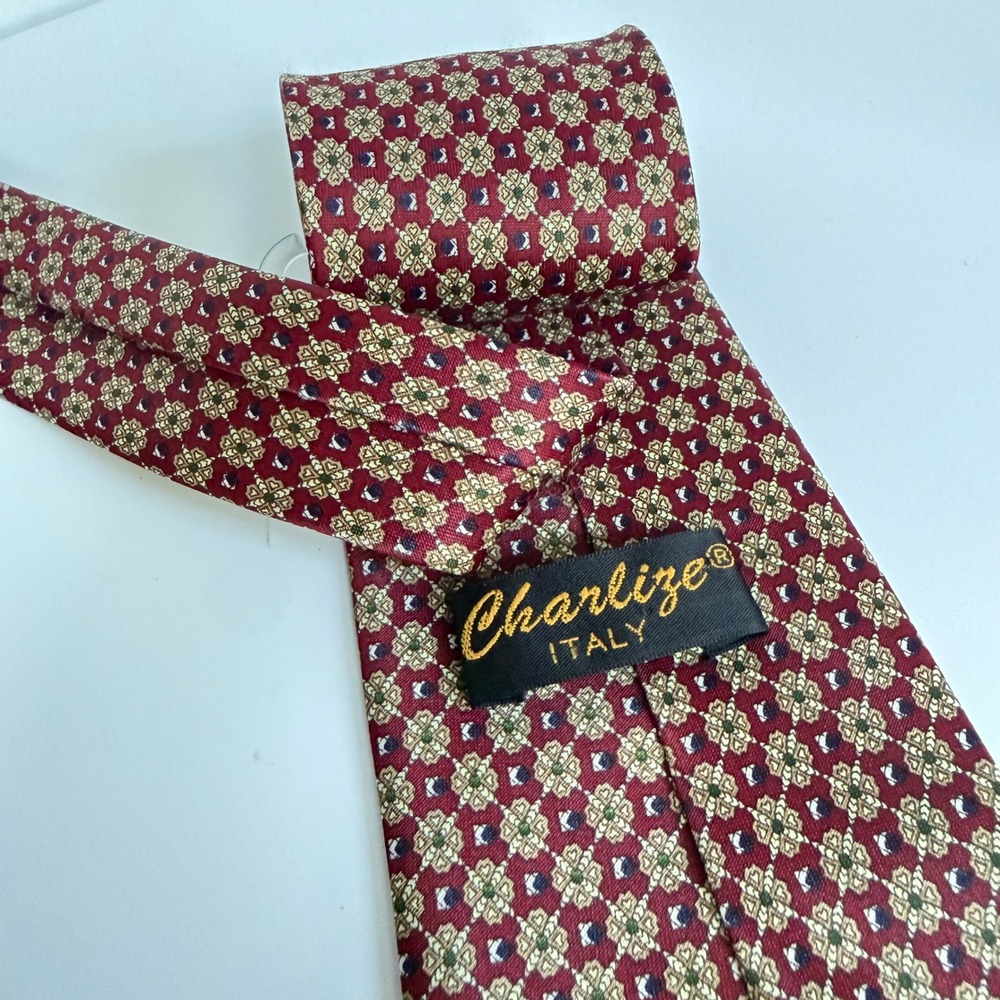 Charlize Italy Necktie Burgundy gold Silk Geometric Medallion Classic Formal - Picture 3 of 5
